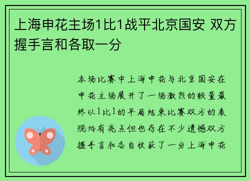 上海申花主场1比1战平北京国安 双方握手言和各取一分